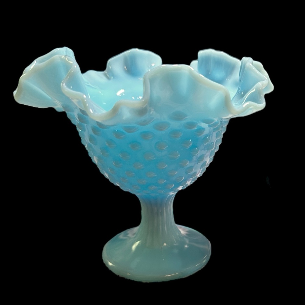 FENTON Blue HOBNAIL Footed Compote-Rayed Stem Dish - 1980